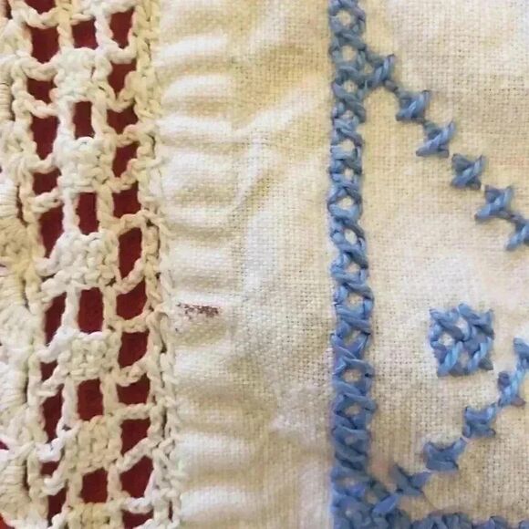 Vintage Handmade Blue/White Embroidered Crocheted Handkerchief - Picture 8 of 10